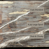 Three types of rope labeled '3 ply Standard', '4 ply Large Spool', and 'Thick & Chunky' on a wooden background.