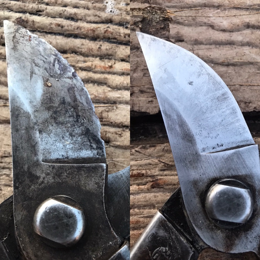 Promotional image for cleaning and sharpening workshops at Gardener's Kit, featuring a before and after photo of a cleaned and sharpened blade