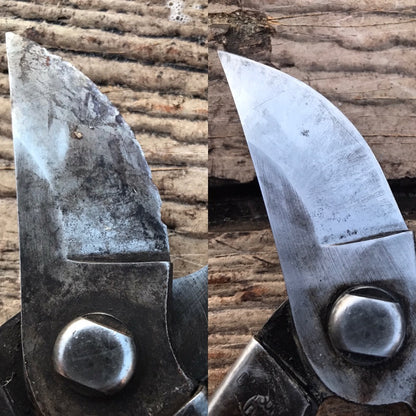 Promotional image for cleaning and sharpening workshops at Gardener's Kit, featuring a before and after photo of a cleaned and sharpened blade