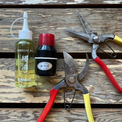 Camellia Oil and Dispenser pictured beside Tobisho Secateurs and Snips
