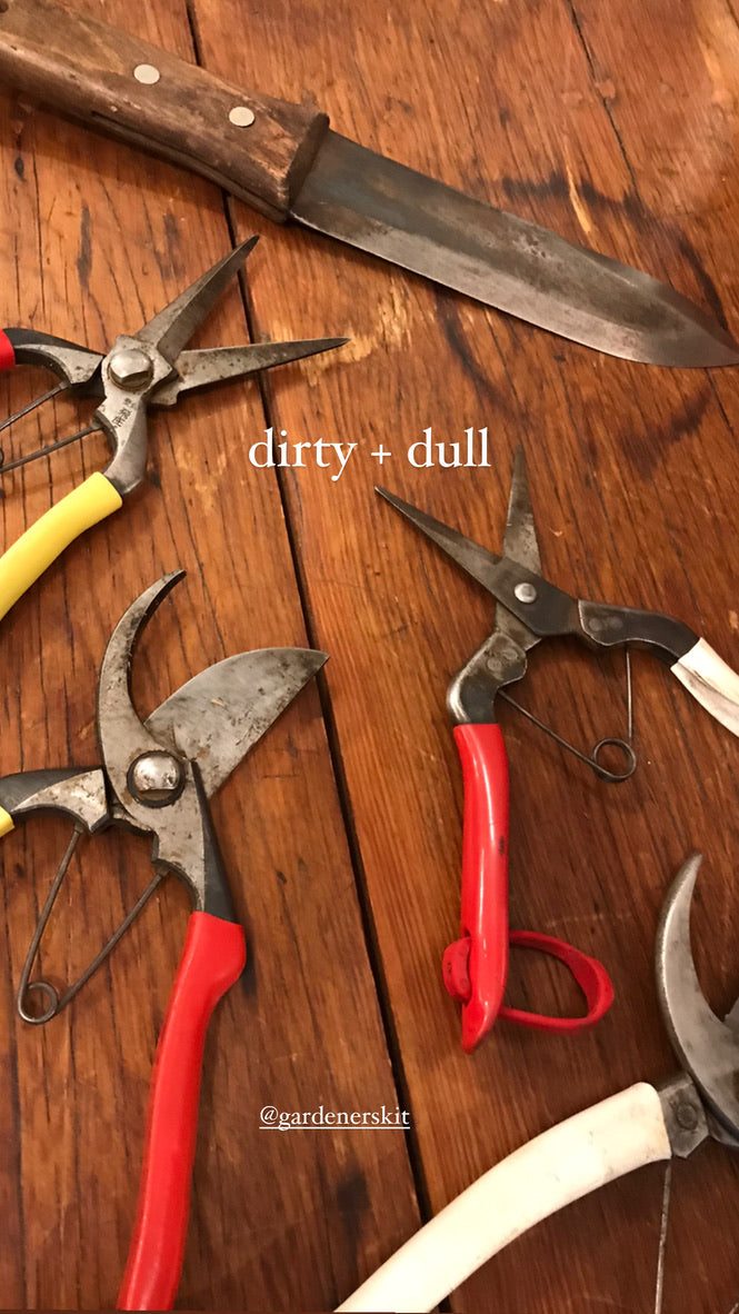 Promotional image for cleaning and sharpening workshops at Gardener's Kit, featuring dirty and dull tools
