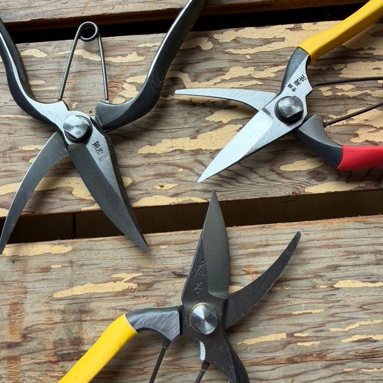 Display of Niwaki GR Pro Lightweight Secateurs & Tobisho Barracuda Snips in open position