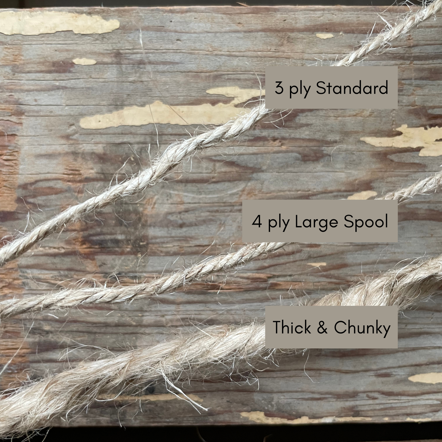 Three types of rope labeled '3 ply Standard', '4 ply Large Spool', and 'Thick & Chunky' on a wooden background.