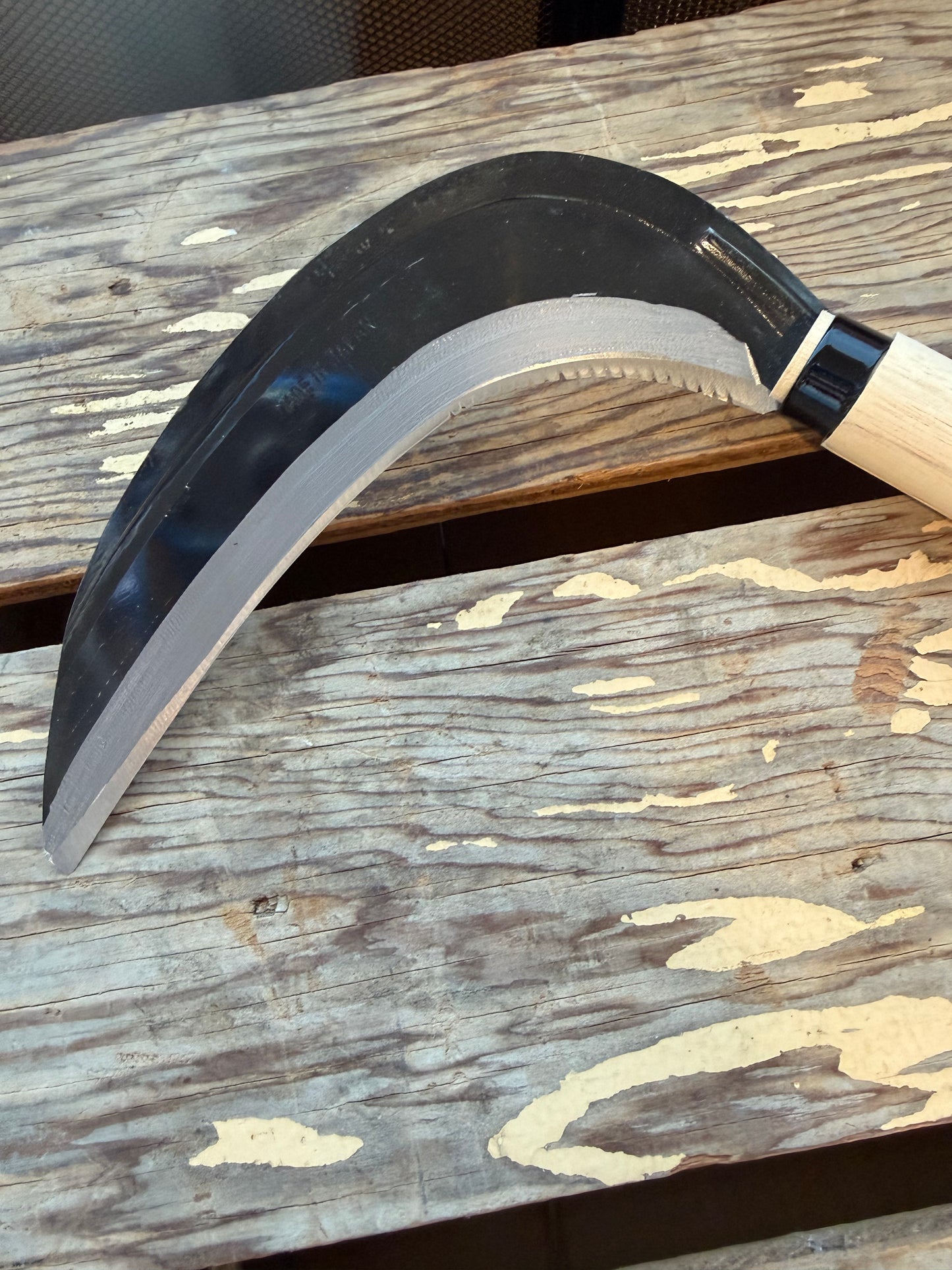 Close-up of Japanese Banshu Sawtooth Sickle blade