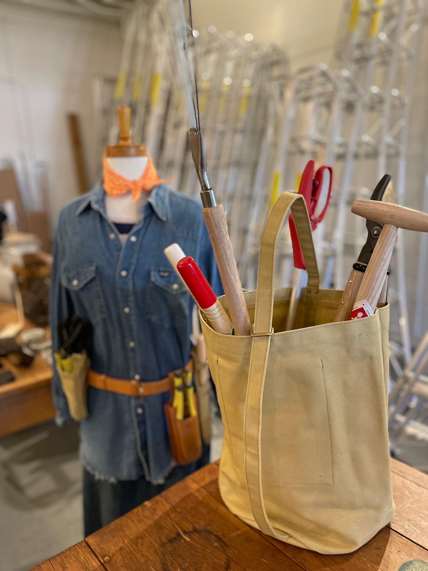Niwaki Kantan Canvas Bag filled with gardening tools