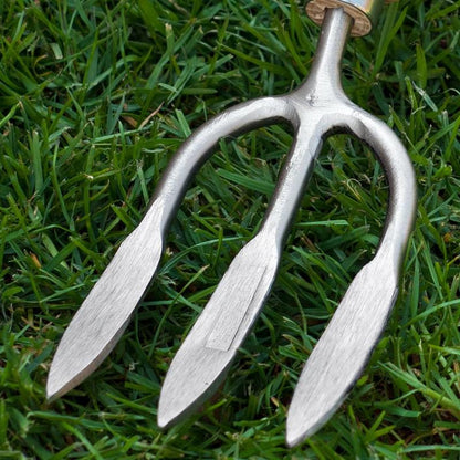 Close-up of Sneeboer Weeding Fork tines on grass background